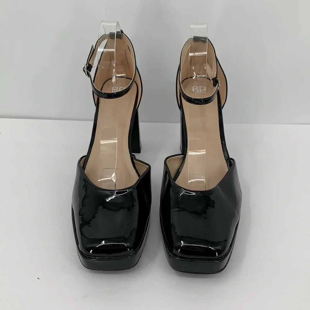BP D'Orsay black patent pumps ankle strap chunky heel platform shoe Drag 14